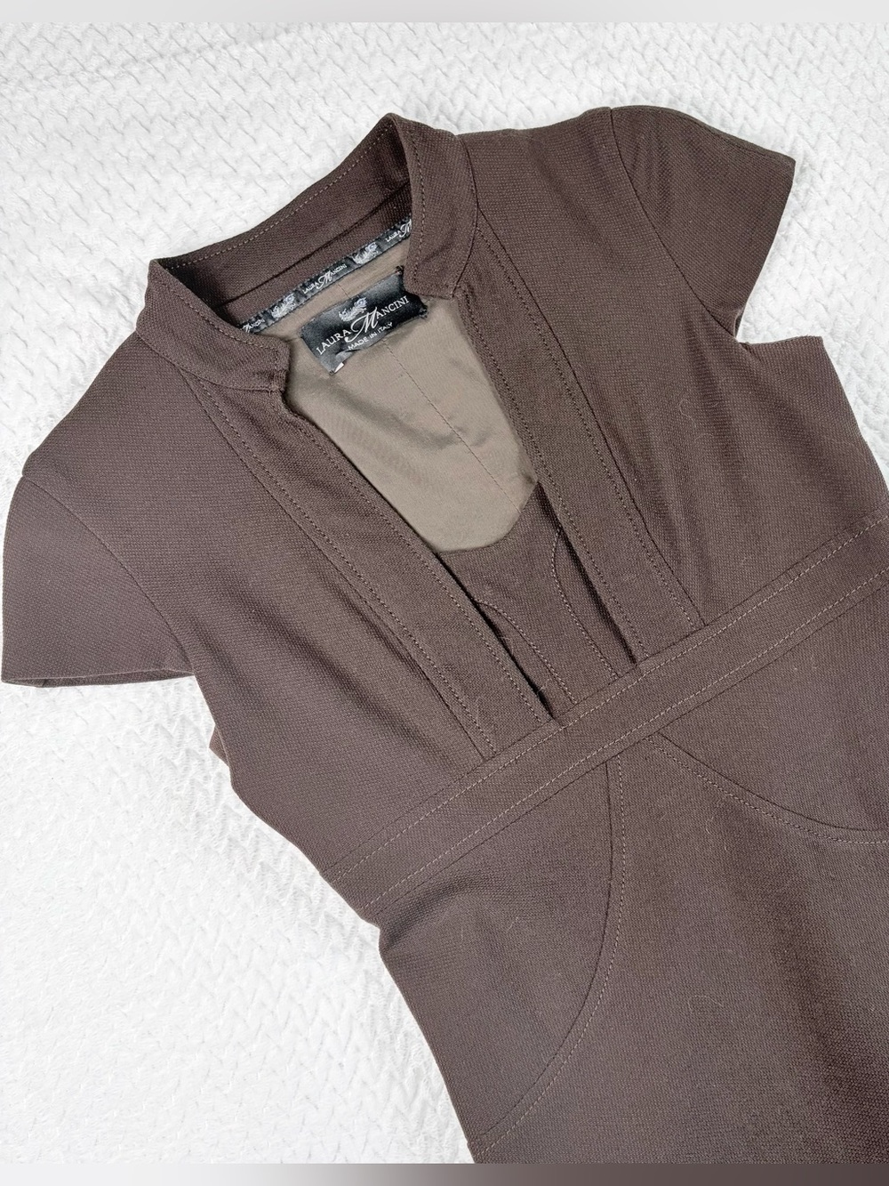 Laura Mancini Italy Wool Blend Sheath Dress Brown V-Neck Cap Sleeve Corporate 6